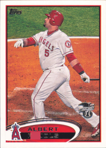 Baseball player in Angels uniform swinging bat, representing American League All-Stars Albert Pujols