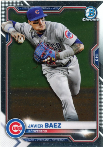 Baseball card of Javier Baez in a Chicago Cubs gray uniform from Bowman Chrome