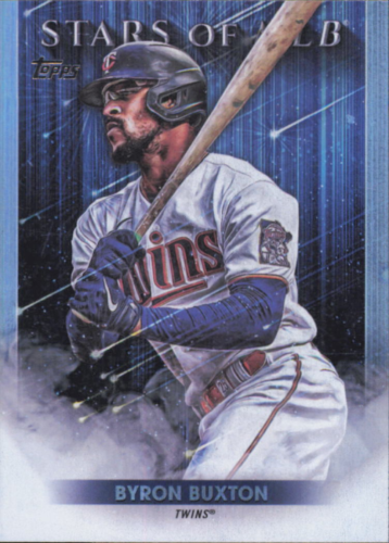 Baseball card of Byron Buxton in white uniform for Topps Stars Minnesota Twins