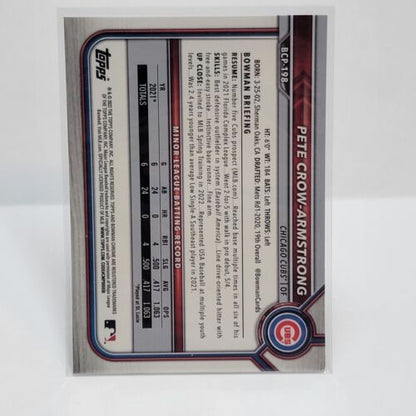 Back of Pete Crow-Armstrong 2022 Bowman Chrome Mega Refractor Cubs trading card