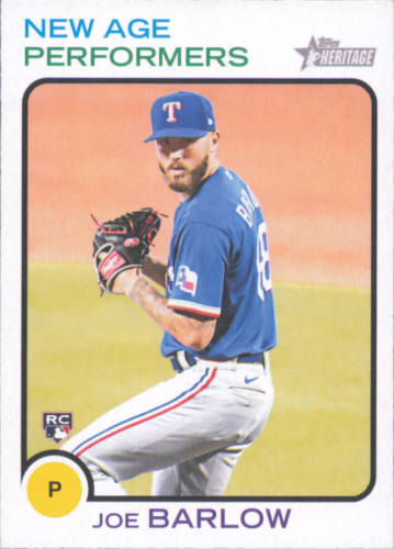 Joe Barlow Rookie card featuring Texas Rangers pitcher in windup, Topps Heritage design