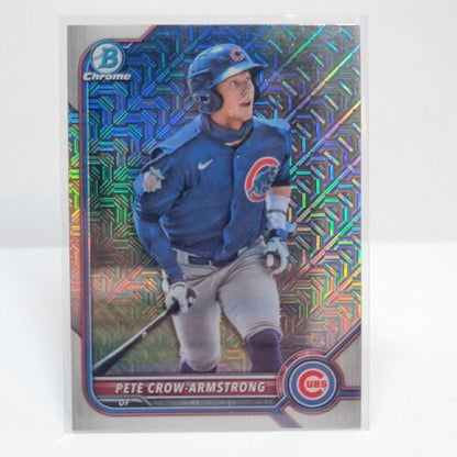 Holographic Pete Crow-Armstrong Bowman Chrome Mega Refractor Cubs baseball card at bat