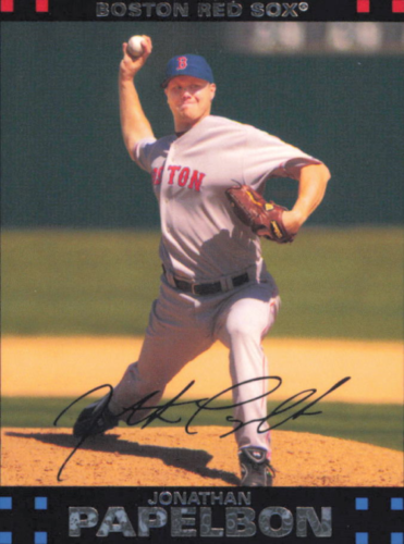 Baseball pitcher in Boston Red Sox road uniform mid-delivery for Sox Topps card