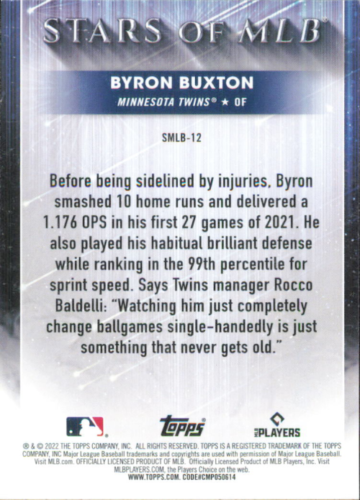 Baseball card of Byron Buxton from Topps Stars featuring Minnesota Twins stats and quote