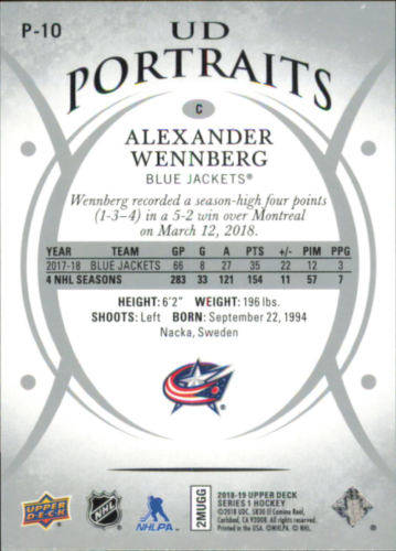 Upper Deck UD Portraits card featuring Alexander Wennberg and Columbus Blue Jackets stats