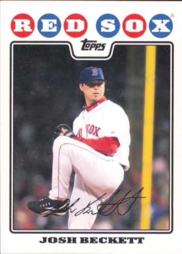 2008 Red Sox Topps #BOS14 Josh Beckett baseball card in mid-windup action