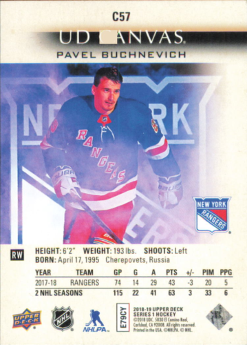 Hockey trading card of Pavel Buchnevich in New York Rangers jersey from Upper Deck Canvas