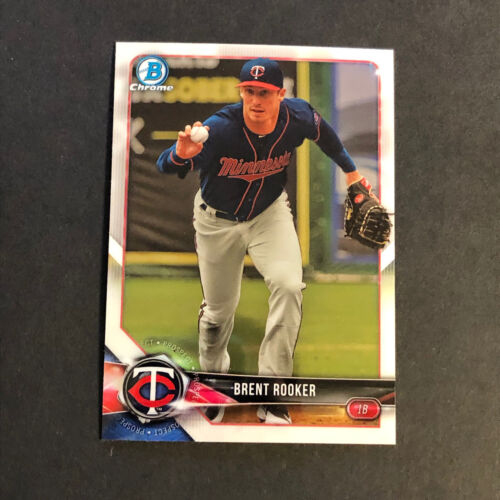 Baseball card of Brent Rooker in navy Minnesota Twins uniform from Bowman Chrome Draft