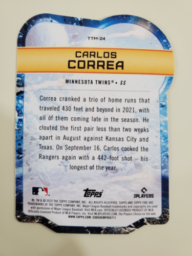 Baseball card of Carlos Correa with Minnesota Twins stats and achievements in moon gold