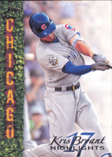 Kris Bryant in Chicago Cubs road uniform swinging bat for Topps Kris Bryant highlights card