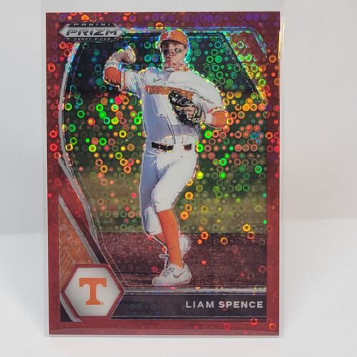 Red sparkly Panini Prizm Draft baseball card of Tennessee Volunteers pitcher Liam Spence