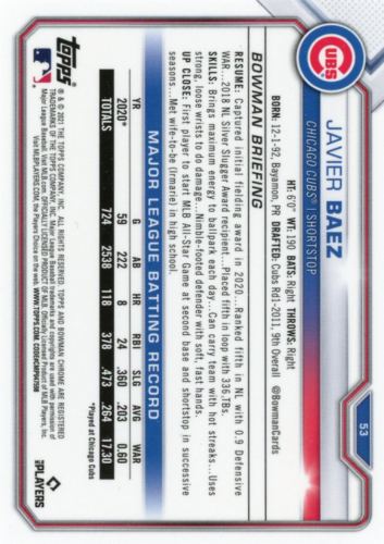 Chicago Cubs Baseball Card features Javier Baez and Bowman Chrome player statistics