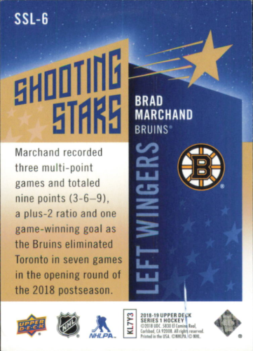 Hockey trading card of Brad Marchand in Upper Deck Shooting Stars design for Bruins