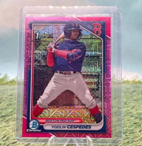 Pink-bordered Bowman Chrome baseball card of Yoeilin Cespedes, Red Sox player