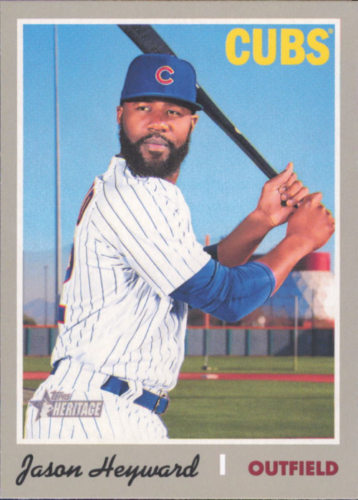 Baseball card of Jason Heyward in a Cubs uniform from Topps Heritage 2019