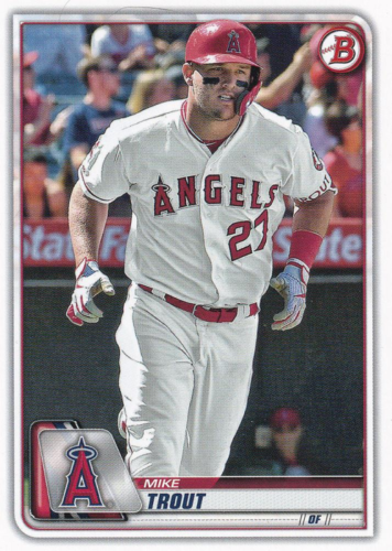 Baseball card of Mike Trout in white home uniform for Los Angeles Angels MLB