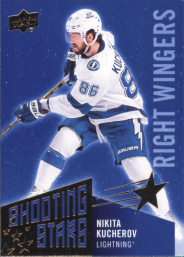 Hockey player in white Tampa Bay Lightning uniform for Upper Deck Shooting Stars card