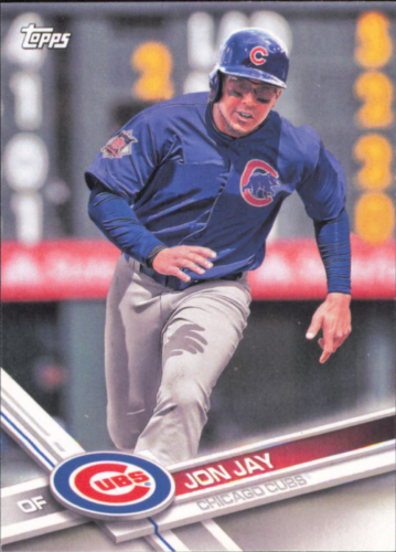 Chicago Cubs player Jon Jay running in blue uniform on 2017 Cubs Topps CHC14 card