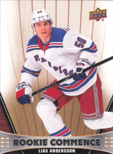 Hockey player in New York Rangers uniform showcasing Upper Deck Rookie Commence action