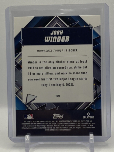 Gold minted Josh Winder rookie baseball card highlighting Minnesota Twins pitcher stats