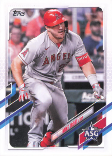 Baseball card of Mike Trout in gray road uniform from Topps Update MLB All-Stars series