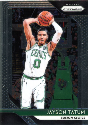 Basketball trading card of Jayson Tatum in white jersey for Boston Celtics Panini Prizm