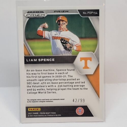 Baseball trading card of Liam Spence in a Tennessee Volunteers uniform, Panini Prizm Draft