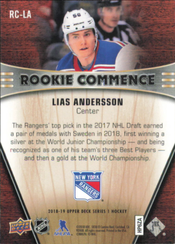 Hockey trading card of Lias Andersson in blue jersey from Upper Deck Rookie Commence