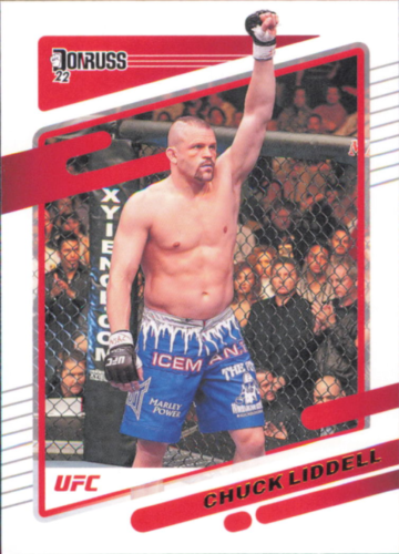 Chuck Liddell in blue shorts raises his arm in victory, featured in Donruss UFC card