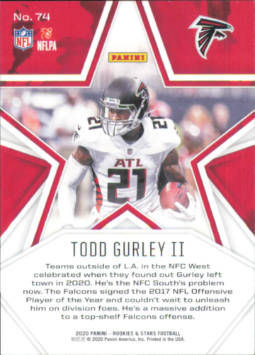 NFL trading card featuring Todd Gurley of the Atlanta Falcons in white jersey number 21