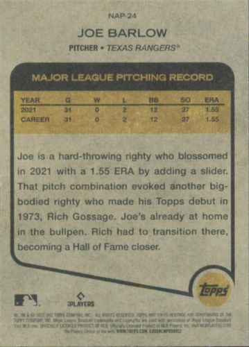 Baseball card back featuring stats and bio for Joe Barlow Rookie from Topps Heritage