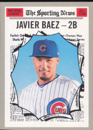 Baseball card of Javier Baez in a Chicago Cubs uniform from Topps Heritage