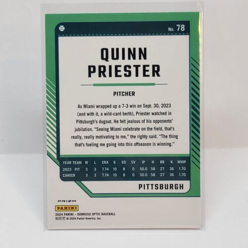 Pittsburgh Pirates Quinn Priester baseball card back with Donruss Optic Orange Velocity stats