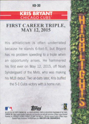 Baseball card featuring Kris Bryant’s first career triple for the Chicago Cubs on May 12, 2015