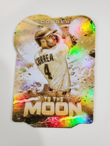 Holographic baseball card of Carlos Correa swinging bat, featuring Moon Gold Minted design