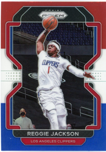 Basketball trading card of Reggie Jackson in white uniform from Panini Prizm Red White series