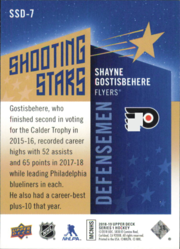 Hockey trading card of Shayne Gostisbehere from Upper Deck Shooting Stars with Flyers theme