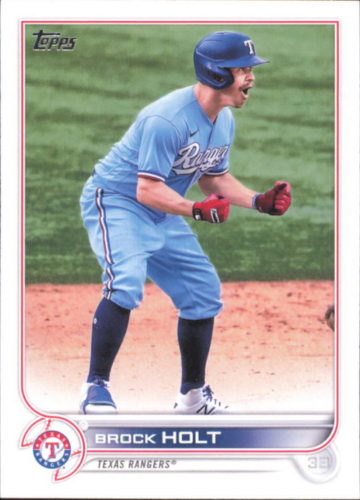 Baseball trading card of Brock Holt in Texas Rangers light blue uniform