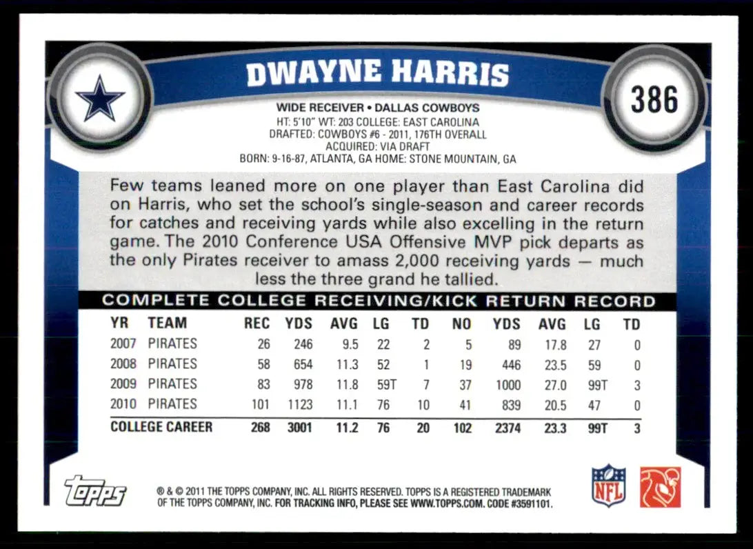 2011 Topps Dwayne Harris Rookie Dallas Cowboys #386