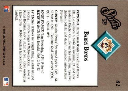 Baseball card for 1992 Studio #82 Barry Bonds with statistics and teal team logo