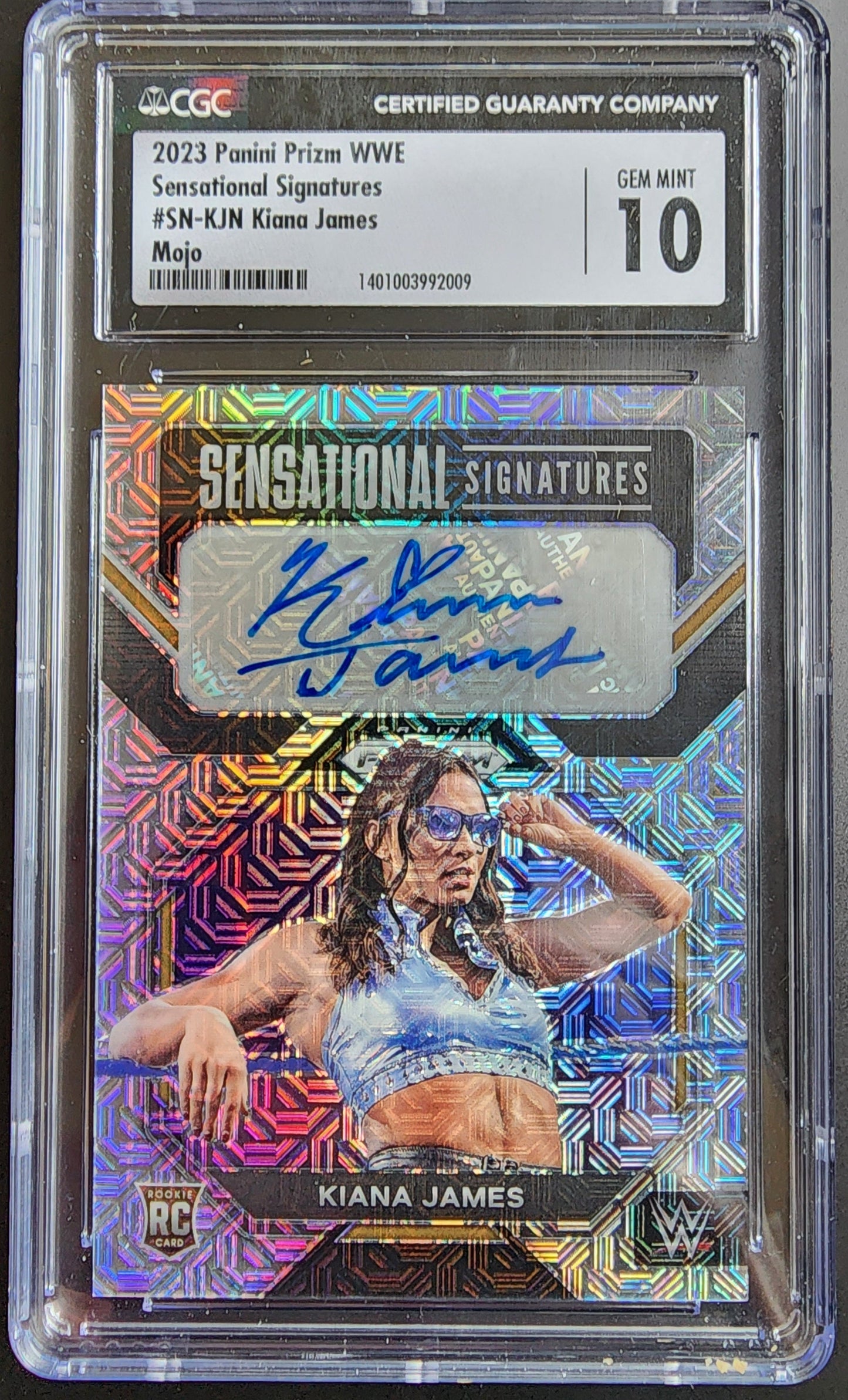 Graded Kiana James 2023 Prizm WWE Sensational Signatures Mojo trading card with auto