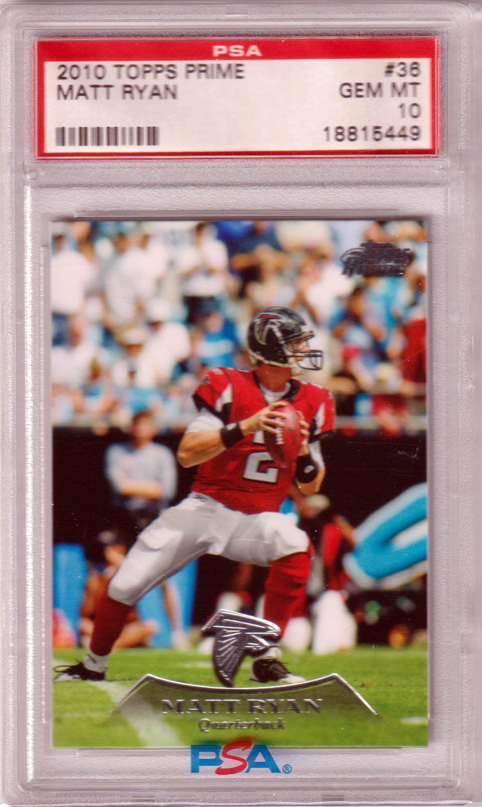 PSA-graded Matt Ryan 2010 Topps Prime #36 trading card in red jersey, Falcons POP 1