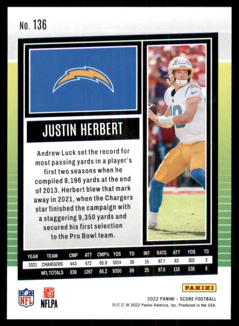 2022 Score Justin Herbert Los Angeles Chargers #136