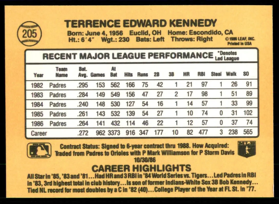 1987 Donruss Terry Kennedy San Diego Padres #205