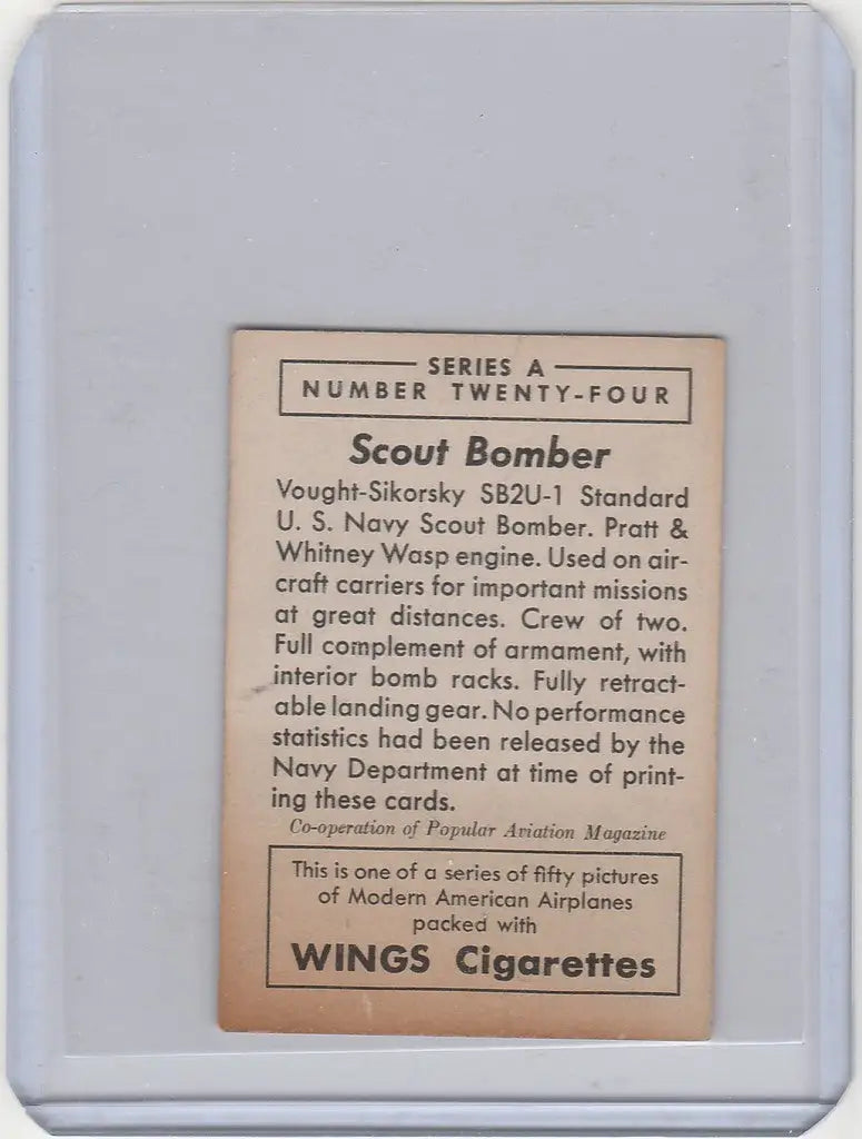 Vintage Scout Bomber cigarette card from Wings Cigarettes American Airplanes Series A