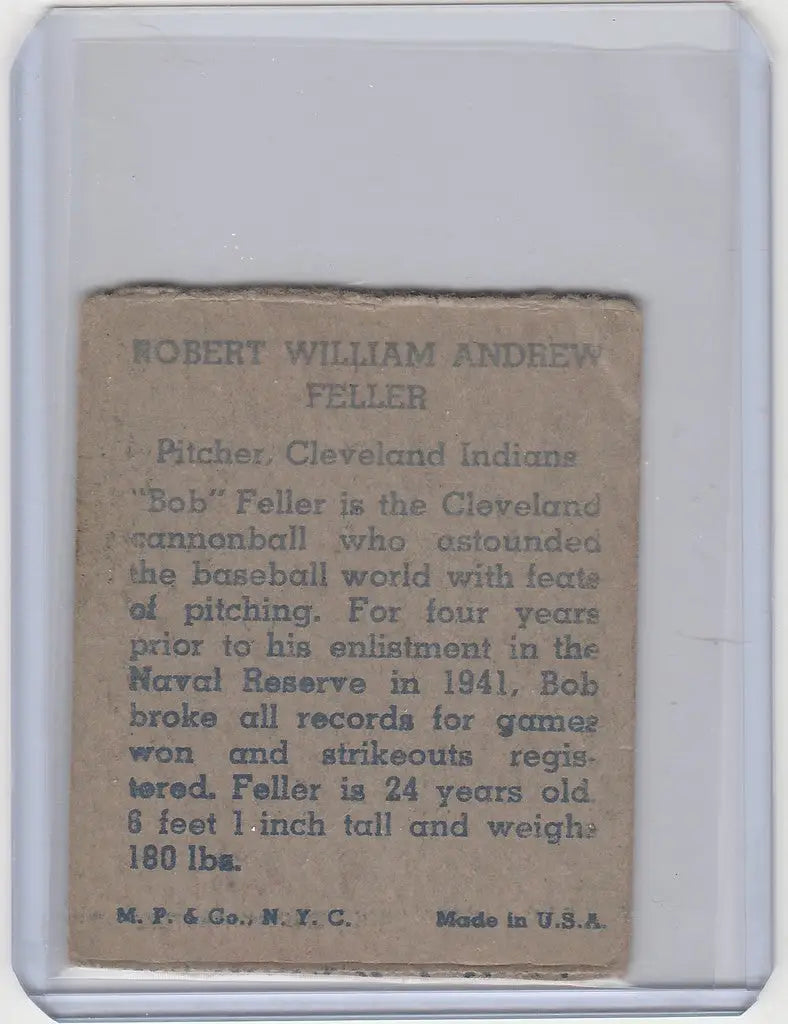 Baseball card featuring Bob Feller Cleveland Indians biographical details from 1943