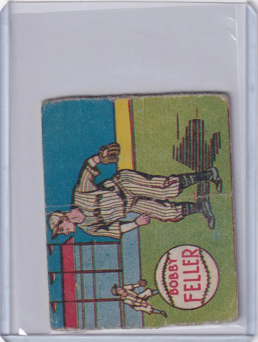 Vintage trading card of Bob Feller sliding into a base for the Cleveland Indians