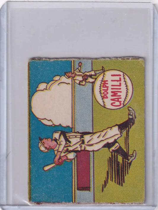 Vintage baseball card of Dolph Camilli pitching for the Brooklyn Dodgers in cartoon style