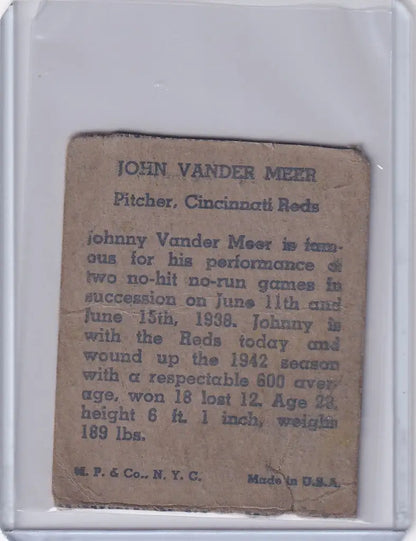 Baseball card of Johnny Vander Meer, pitcher for the Cincinnati Reds, 1943 R302-01