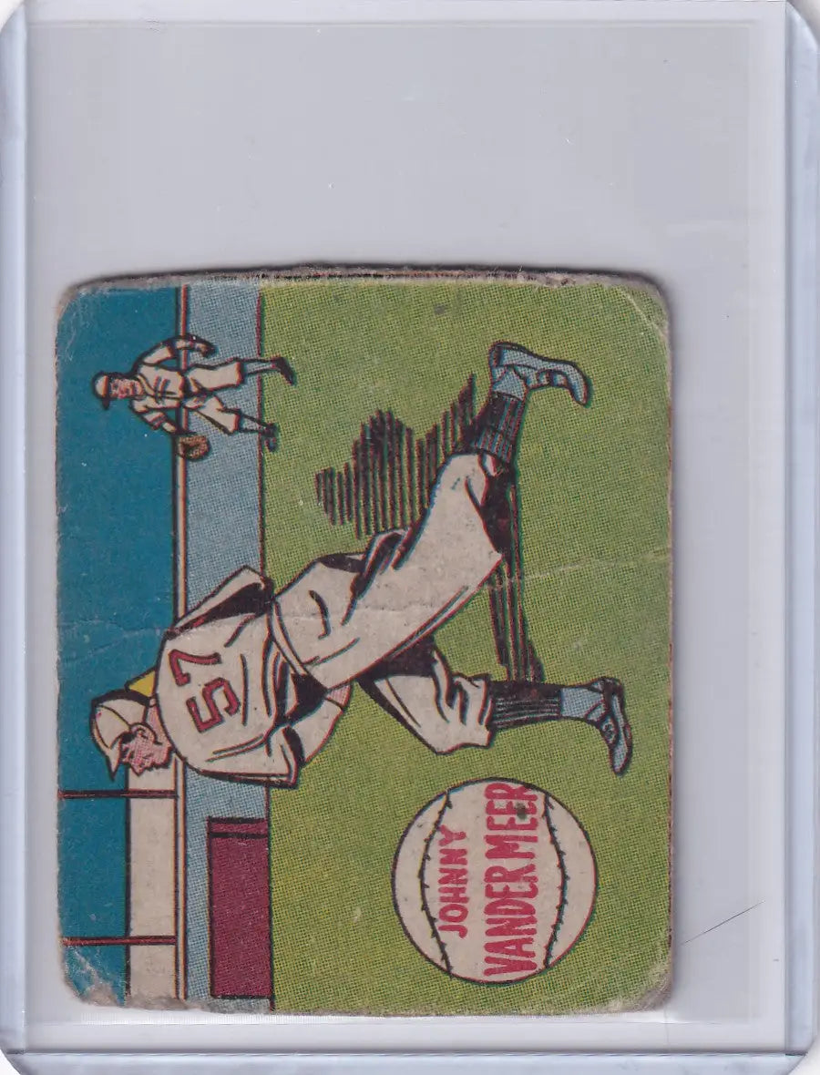 Vintage baseball card of Johnny Vander Meer sliding into base illustration